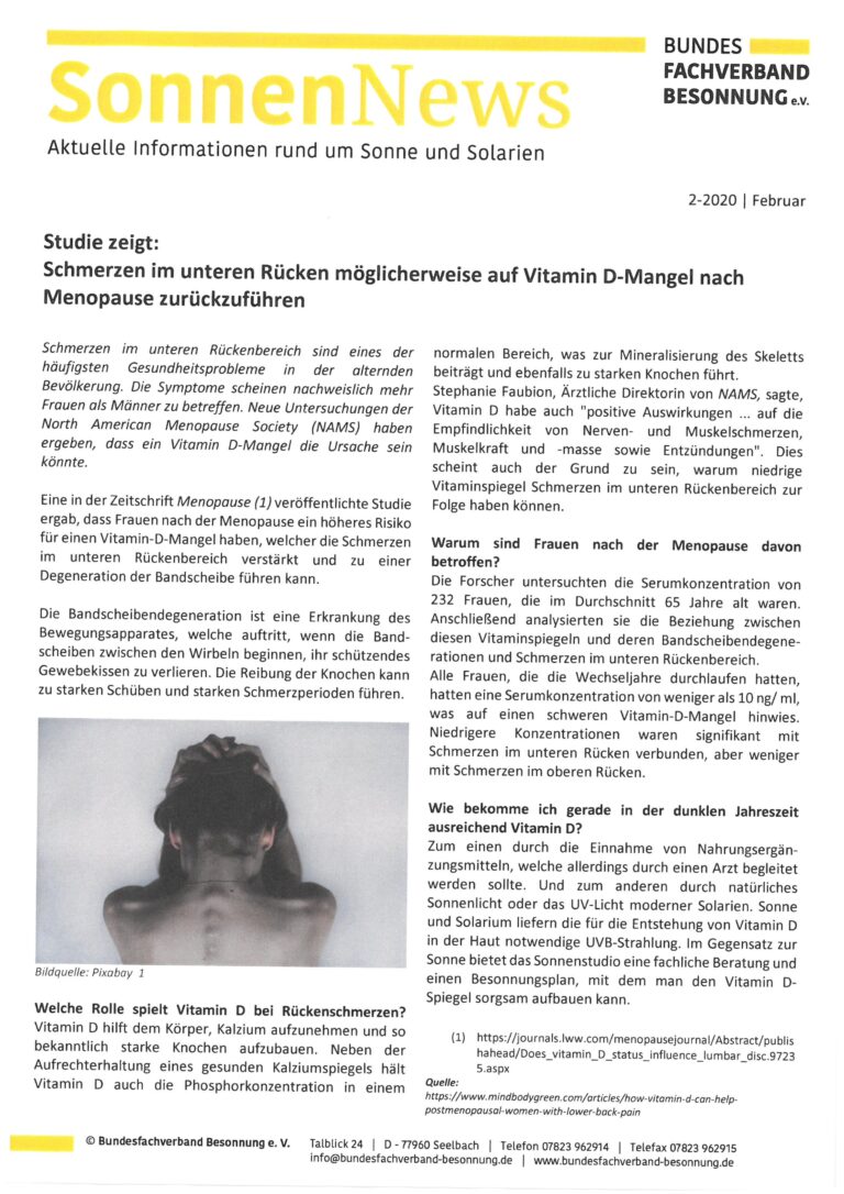 Gelb-weißer Newsletter mit dem Titel „SonnenNews“ und schwarzem Text, der eine Studie diskutiert, die Rückenschmerzen und Wechseljahre mit Vitamin-D-Mangel in Zusammenhang bringt. Enthält eine Kopfzeile, Text in Absätzen und Kontaktinformationen am Ende.