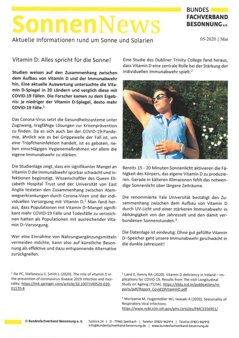 Ein Newsletter mit dem Titel „SonnenNews“ mit Artikeln über die Vorteile von Vitamin D im Zusammenhang mit Sonnenlicht und Immunität. Er hebt eine Studie des Dublin Trinity College hervor und verweist auf COVID-19. In der oberen rechten Ecke befindet sich das Logo einer Gesundheitsorganisation.