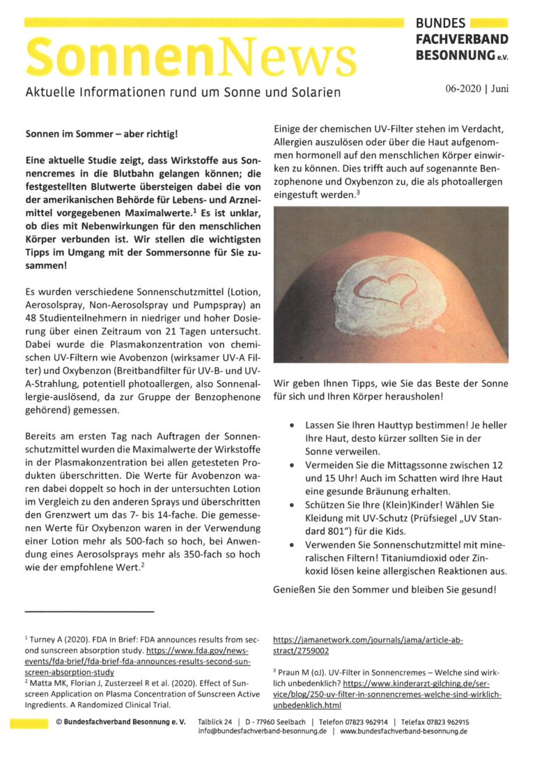 Der Newsletter „sonnenNews“ vom Juni 2020 des Bundesfachverbandes Besonnung e.V. beschäftigt sich mit der Wirkung der Sonne, den Vorteilen des Sonnenbadens und Sicherheitstipps. Er enthält Artikel zu Sonnenschutz, UV-Schutz und Allergieaspekten.