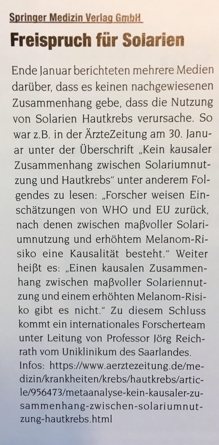 Text aus einem deutschen Artikel mit dem Titel „Freispruch für Solarien“, in dem Studien diskutiert werden, die keinen kausalen Zusammenhang zwischen Solarien und Hautkrebs belegen. Erwähnt werden Berichte der WHO und der EU sowie eine Entscheidung des Bundesverfassungsgerichts.