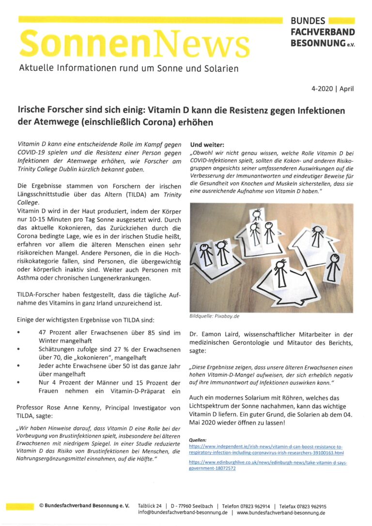 Ein Newsletter mit dem Titel „SonnenNews“ mit Artikeln zu Vitamin D und seiner Wirkung auf die Infektionsresistenz. Enthält Text und Abbildungen von Menschen, einer Sonne und Vitamin-D-Kapseln. Herausgegeben vom Bundesfachverband Besonnung e.V., Ausgabe 4-2020, April.