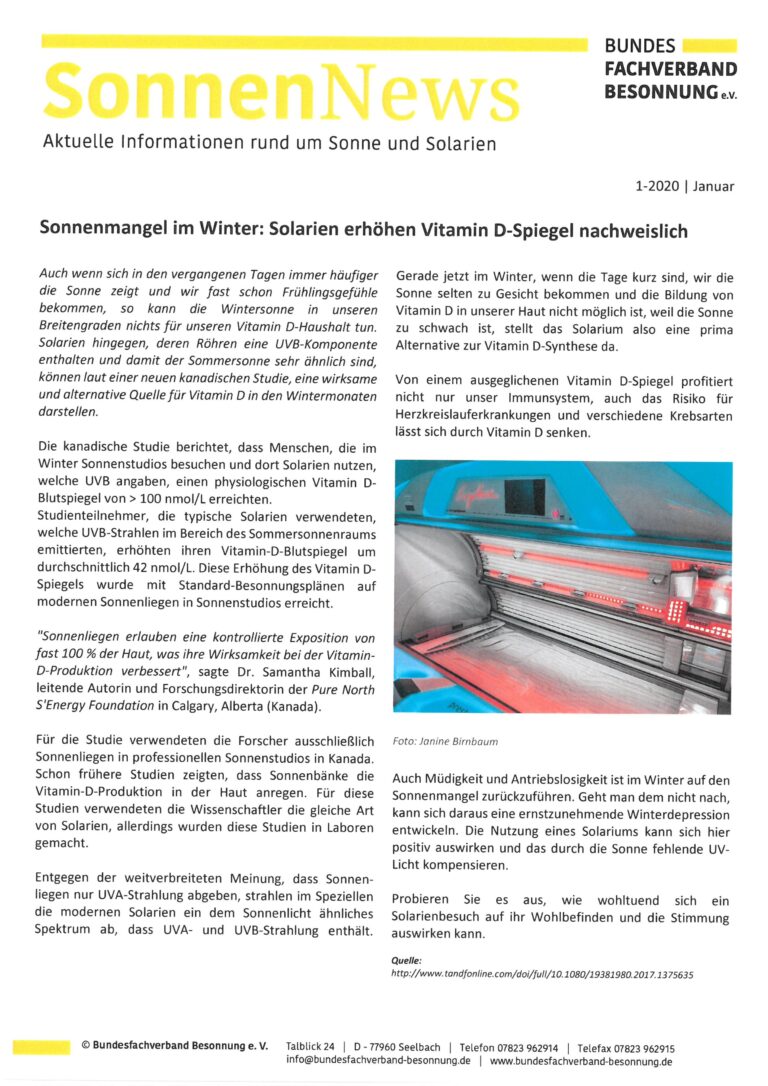 Ein informativer Newsletter mit dem Titel „SonnenNews“ vom Januar 2020, der sich mit dem Vitamin-D-Spiegel im Winter bei Verwendung von Solarien befasst. Enthält ein Balkendiagramm, hervorgehobenen Text und Logos am unteren Rand. Das Layout besteht aus Spalten mit deutschem Text und einer rot hervorgehobenen Kopfzeile.