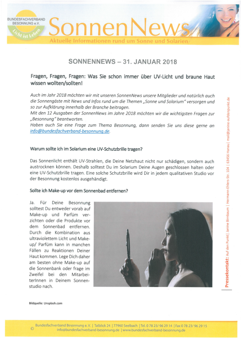 Newsletter mit dem Titel „SONNENNEWS – 31. JANUAR 2018“ mit Texten zum Thema UV-Licht und Bräunung sowie Kontaktinformationen zum Bundesfachverband Besonnung e.V. Enthält das Logo einer lachenden Sonne auf dem oberen Banner und den Haupttext zu Sonnenbänken und Hautschutz.