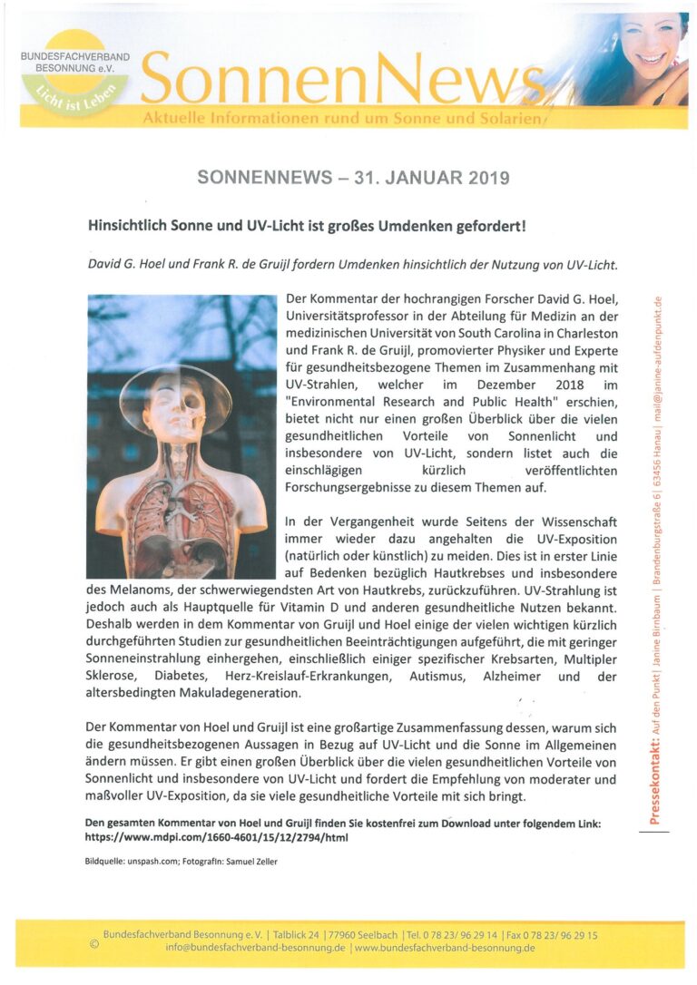 Ein Newsletter mit dem Titel „SonnenNews“ vom 31. Januar 2019. Das Dokument diskutiert die Neubetrachtung der Verwendung von UV-Licht. Es enthält Logos, Text auf Deutsch mit einigen englischen Namen und betont die Notwendigkeit eines Neudenkens in Bezug auf Sonne und UV-Licht.