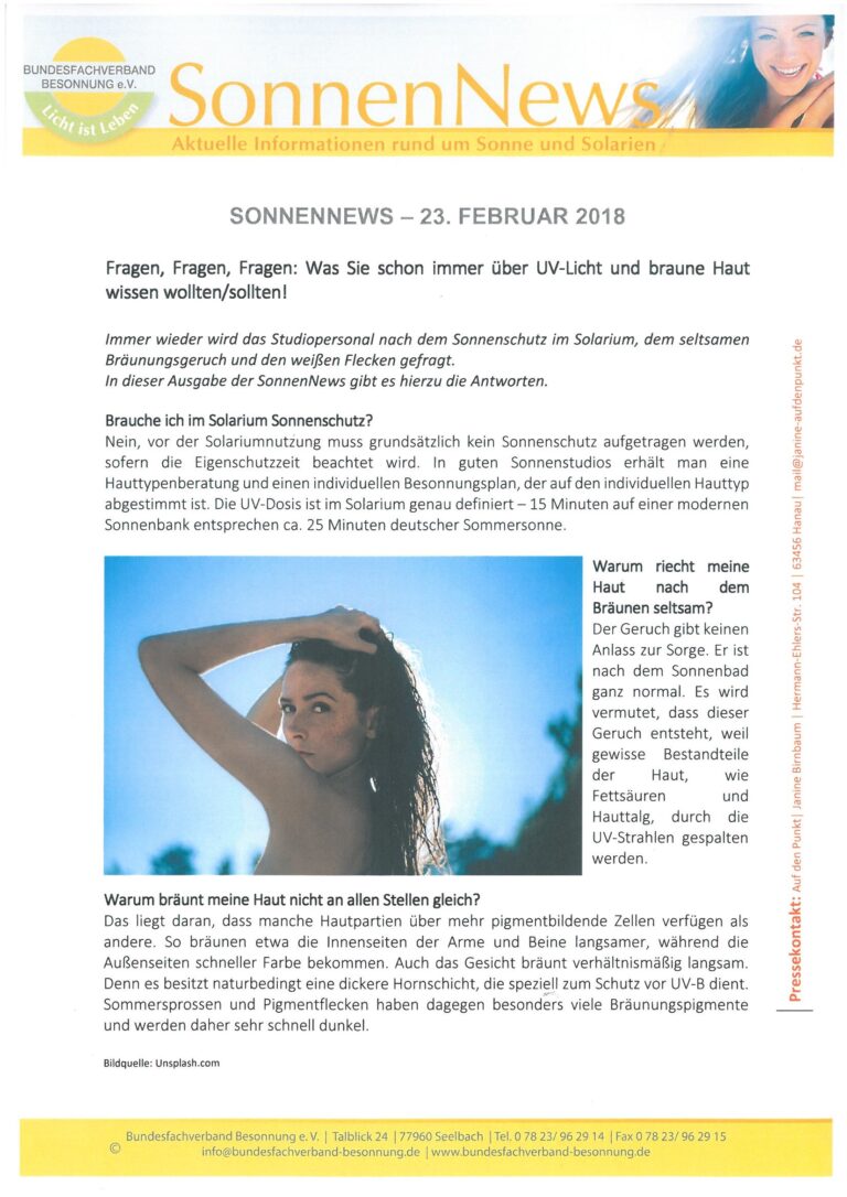 Der Newsletter „SonnenNews“ vom 23. Februar 2018 enthält Artikel zum Thema UV-Licht und Bräunung. Er enthält das Bild einer Frau beim Sonnenbaden und beleuchtet Themen wie UV-Schutz, Hautgesundheit und Solariummythen. Durchgehend deutscher Text.