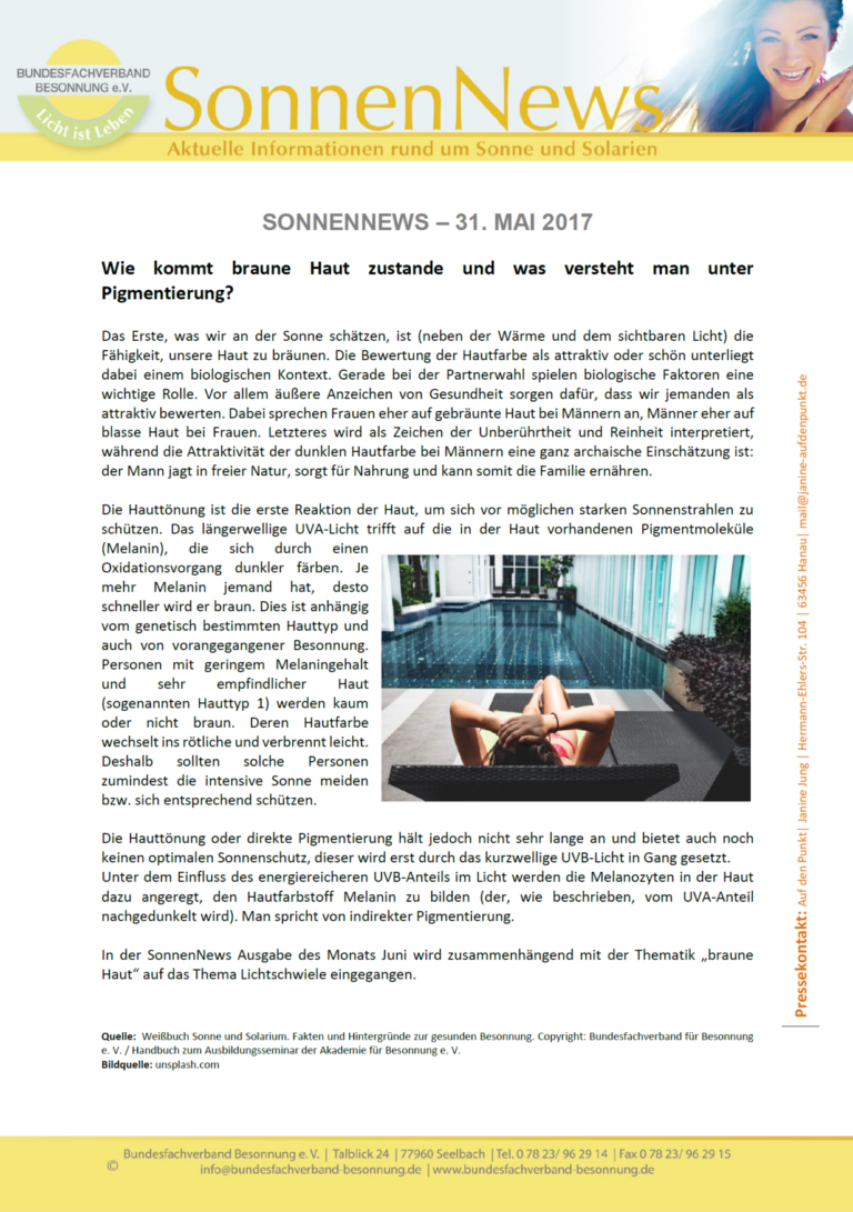 Ein deutscher Newsletter mit dem Titel „SonnenNews“ beschäftigt sich mit Hautbräunung und Pigmentierung. Er enthält eine Überschrift mit der Sonne und einer lächelnden Frau. Der Text beschreibt, wie Hautpigmentierung entsteht, mit einem Seitenbalkendiagramm und kleinen eingefügten Bildern.