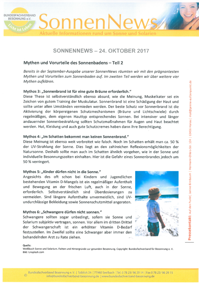 Ein Newsletter mit dem Titel „SonnenNews“ vom 24. Oktober 2017 zum Thema Mythen und Vorurteile rund ums Sonnenbaden. Darin werden unter anderem verschiedene Missverständnisse zum Thema Sonneneinstrahlung und deren Auswirkungen auf die Gesundheit diskutiert. Das Layout ist in gelb und schwarz gehalten.