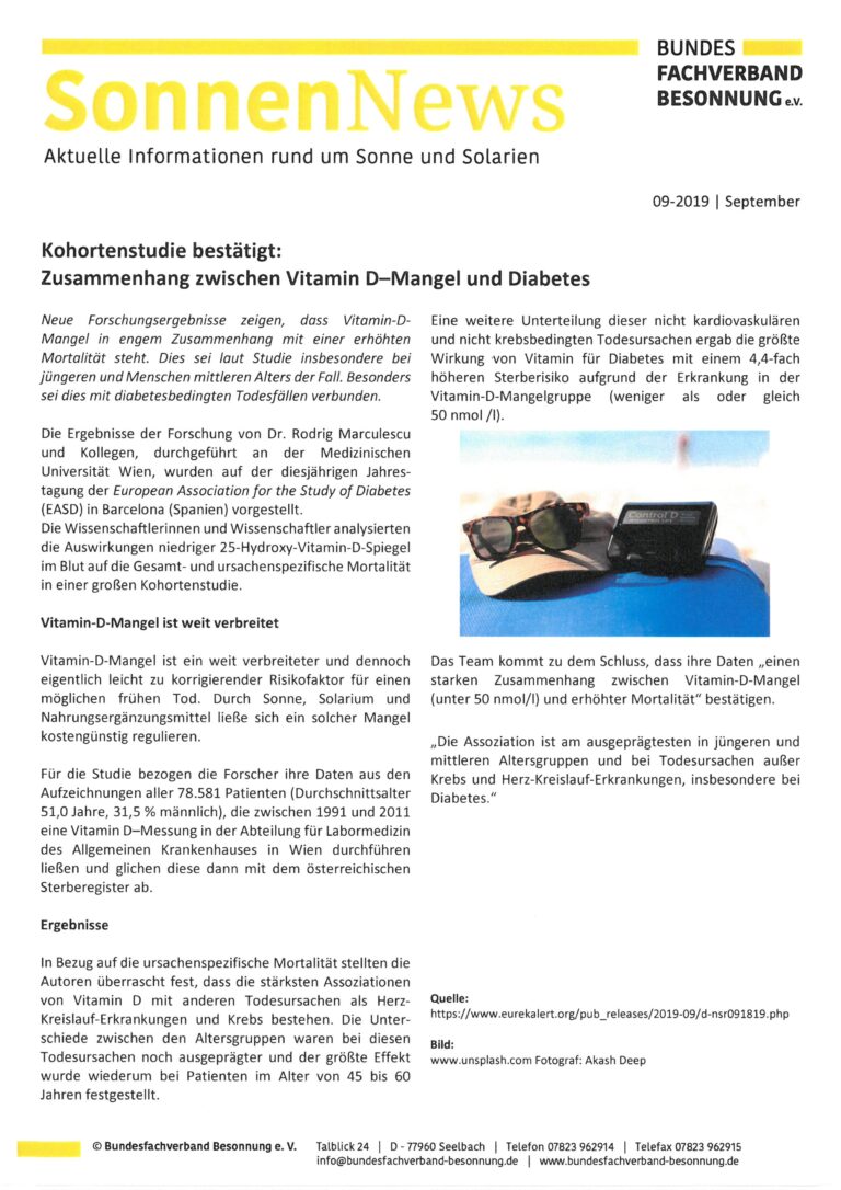 Ein informativer Newsletter mit dem Titel „SonnenNews“ diskutiert aktuelle Erkenntnisse zum Zusammenhang zwischen Vitamin-D-Mangel und Diabetes. Er enthält Abschnitte zu Studienergebnissen, gesundheitlichen Auswirkungen und farblichen Hervorhebungen zur Hervorhebung.