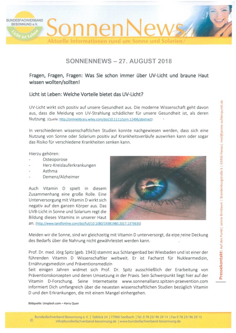 Ein Newsletter mit dem Titel „SonnenNews“ vom 27. August 2018. Darin werden Themen rund um UV-Licht, gesundheitliche Vorteile und Sonneneinstrahlung behandelt. Die Seite enthält Aufzählungspunkte und unten Kontaktinformationen. Der Text ist auf Deutsch.