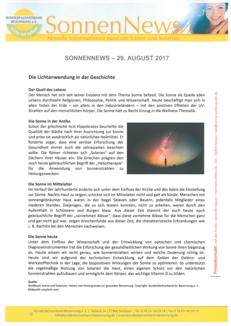 Ein Newsletter mit dem Titel „SonnenNews“ vom 29. August 2017. Er enthält einen Artikel über die Bedeutung der Sonne in der Geschichte und behandelt Themen wie ihre Rolle in Religion, Philosophie und Wellness. Die Seite enthält Text und ein Logo mit einer Sonnengrafik.