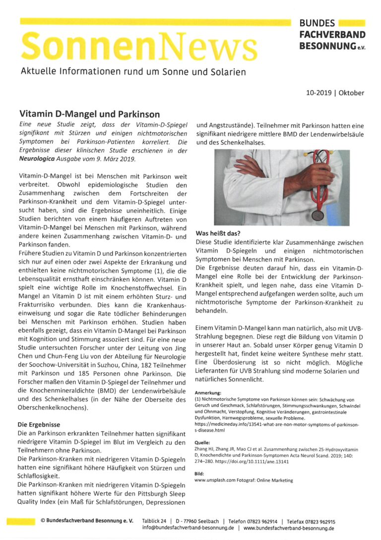 Der Flyer „SonnenNews“ beschäftigt sich mit dem Zusammenhang zwischen Vitamin-D-Mangel und Parkinson. Er enthält Studienergebnisse, Abstract-Details sowie Kontaktdaten des Bundesfachverbandes Besonnung e.V. Erschienen im Oktober 2019.